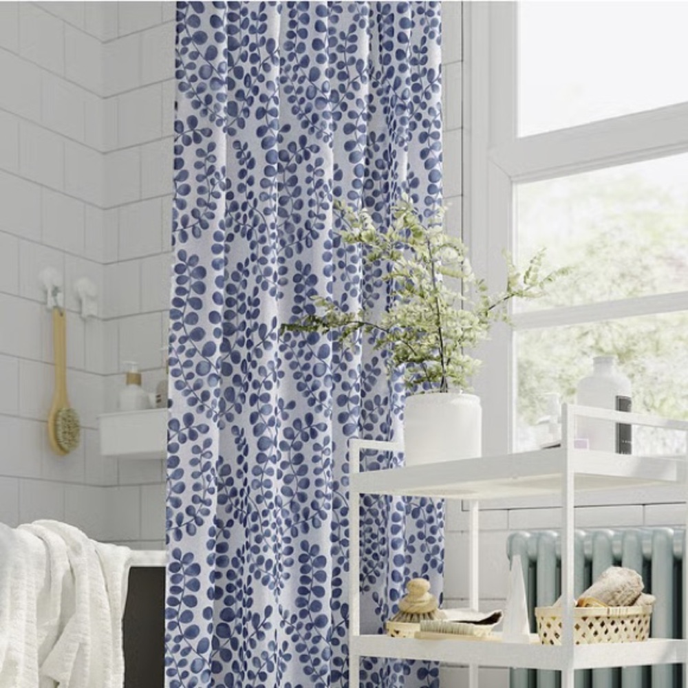 Blue Leaf Pattern Shower Curtain - White and Blue - Picture 2 of 6